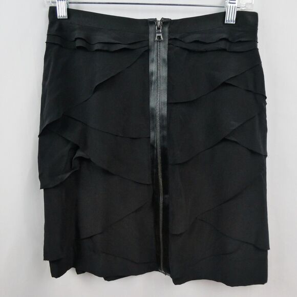 Robert Rodriguez Silk Exposed Zip Mini Skirt Sz 6 Black Tiered Chiffon - Picture 1 of 12
